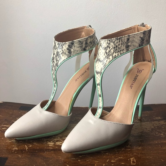 JustFab Teralyn Mint Snake Print Heels - Picture 2 of 4